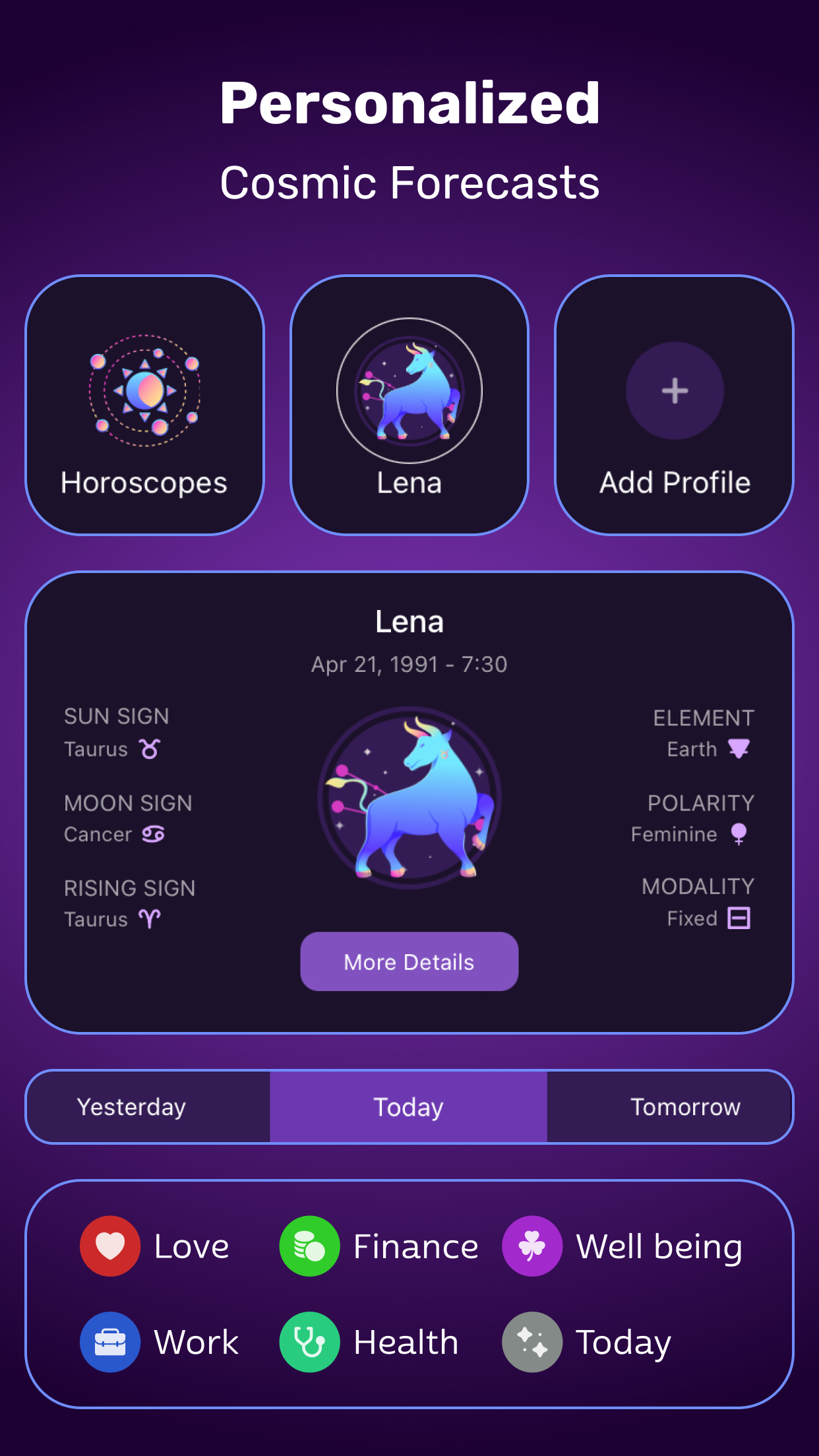 Daily Horoscope app birth chart profile showing Sun, Moon and Rising sign